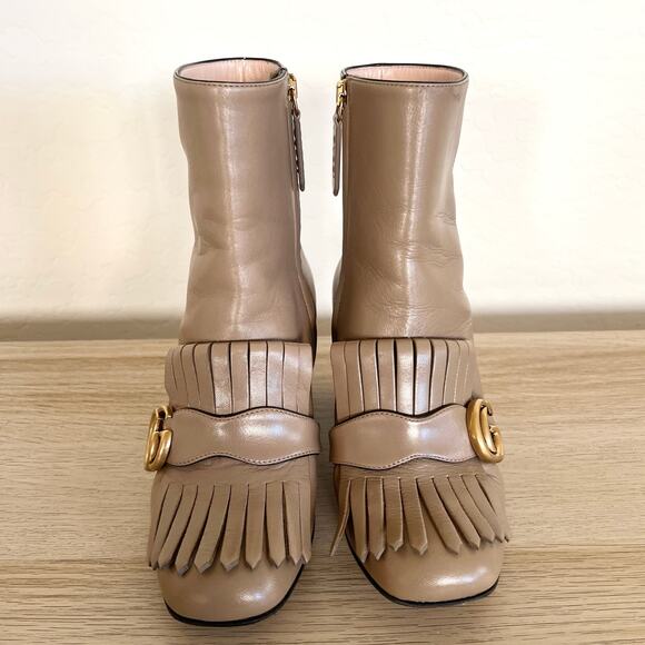 Gucci GG Marmont Fringe 75mm Ankle Boots 35 Mud Leather Block Heel - Picture 4 of 13